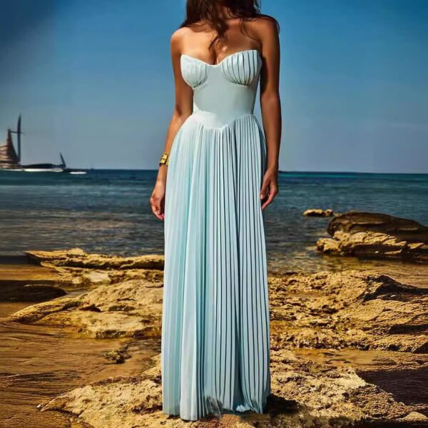 Blue Strapless Pleated Slimming Dress for Women