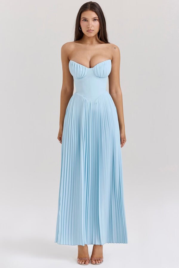 Blue Strapless Pleated Slimming Dress for Women